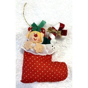 Vintage Christmas Ornament with Elf Present Candy Cane in Stocking Fabric 4"x3"